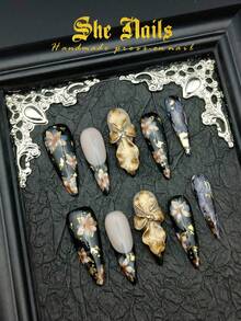 Cute Baroque Y2K Western Glossy Metallic Zebra & Leopard Print Nail Art Set, Includes 10 Pieces French Manicure Nail Stickers In White, Gold, Green, Orange, Long Pointed Acrylic Press-On Nails With 3D Carved Flowers, 3D Beads, 3D Golden Rings & Diamonds, Cat Eye French Y2K Goth Style, Suitable For New Year Holidays And Daily Wear, Comes With Gel Stickers And Nail File. Nail Supplies - Vàng - Xem 1