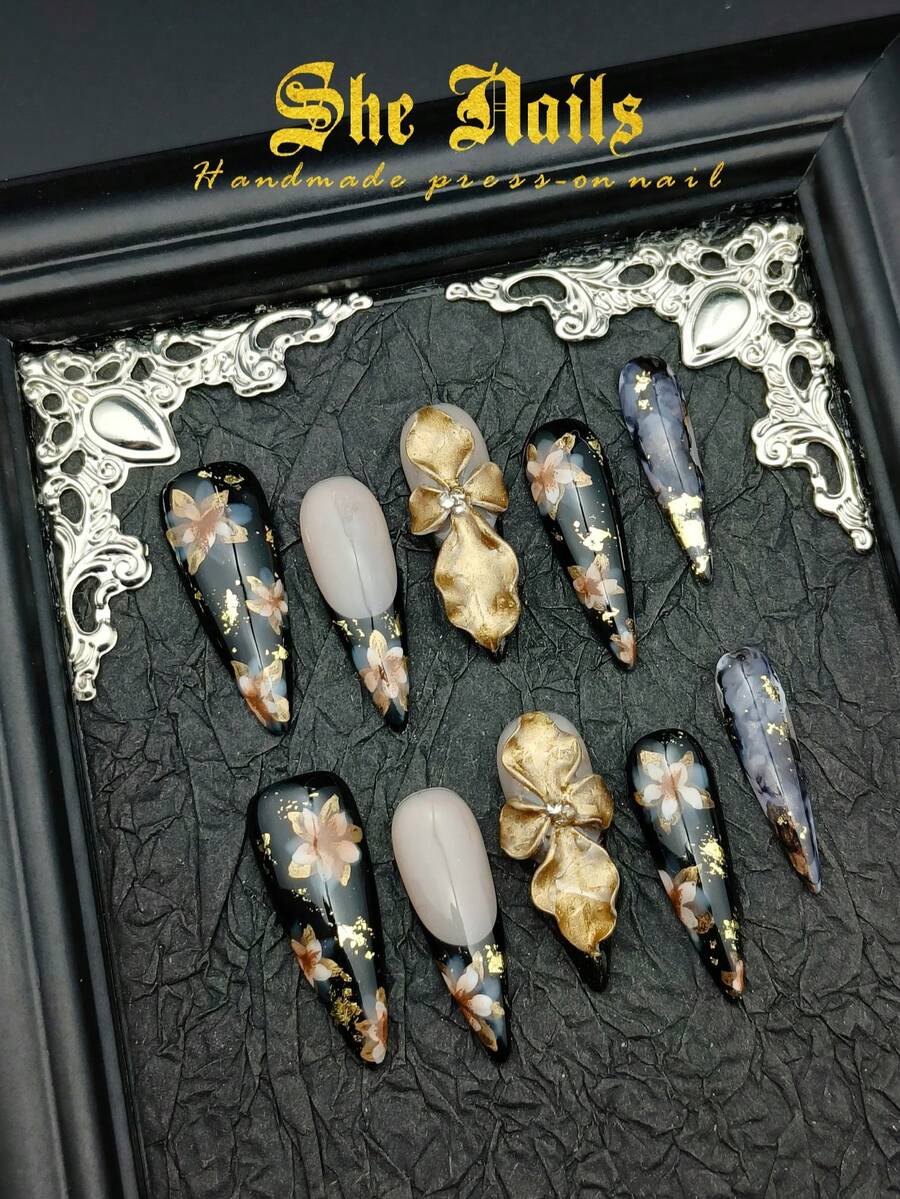 Cute Baroque Y2K Western Glossy Metallic Zebra & Leopard Print Nail Art Set, Includes 10 Pieces French Manicure Nail Stickers In White, Gold, Green, Orange, Long Pointed Acrylic Press-On Nails With 3D Carved Flowers, 3D Beads, 3D Golden Rings & Diamonds, Cat Eye French Y2K Goth Style, Suitable For New Year Holidays And Daily Wear, Comes With Gel Stickers And Nail File. Nail Supplies - Vàng - Xem 1