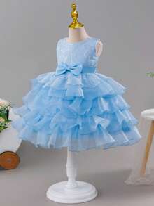 少女刺绣薄纱蛋糕裙，公主裙，适合婚礼花童、生日派对、走秀、钢琴演奏会、晚礼服 - 淺藍色 - 查看 5
