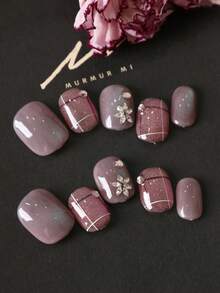 10pcs Acrylic Press On Nails Purple Nails Cat's Eye Explosive Flash Diamond Fake Nails Short Office DailyWear False Nails Artificial Nails Kit Includes 1sheet Adhesive Tabs &1 Pc Mini File