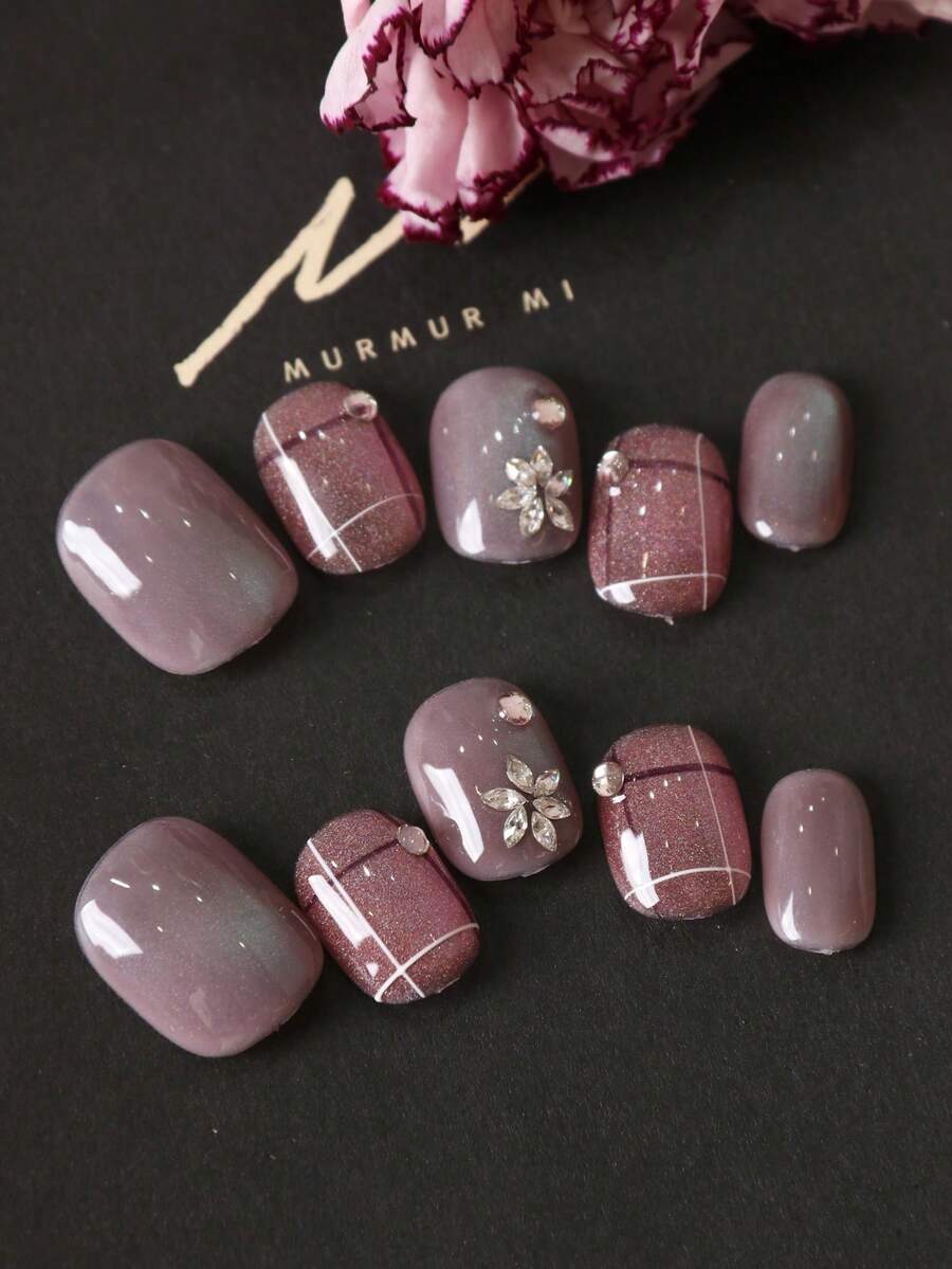 10pcs Acrylic Press On Nails Purple Nails Cat's Eye Explosive Flash Diamond Fake Nails Short Office DailyWear False Nails Artificial Nails Kit Includes 1sheet Adhesive Tabs &1 Pc Mini File