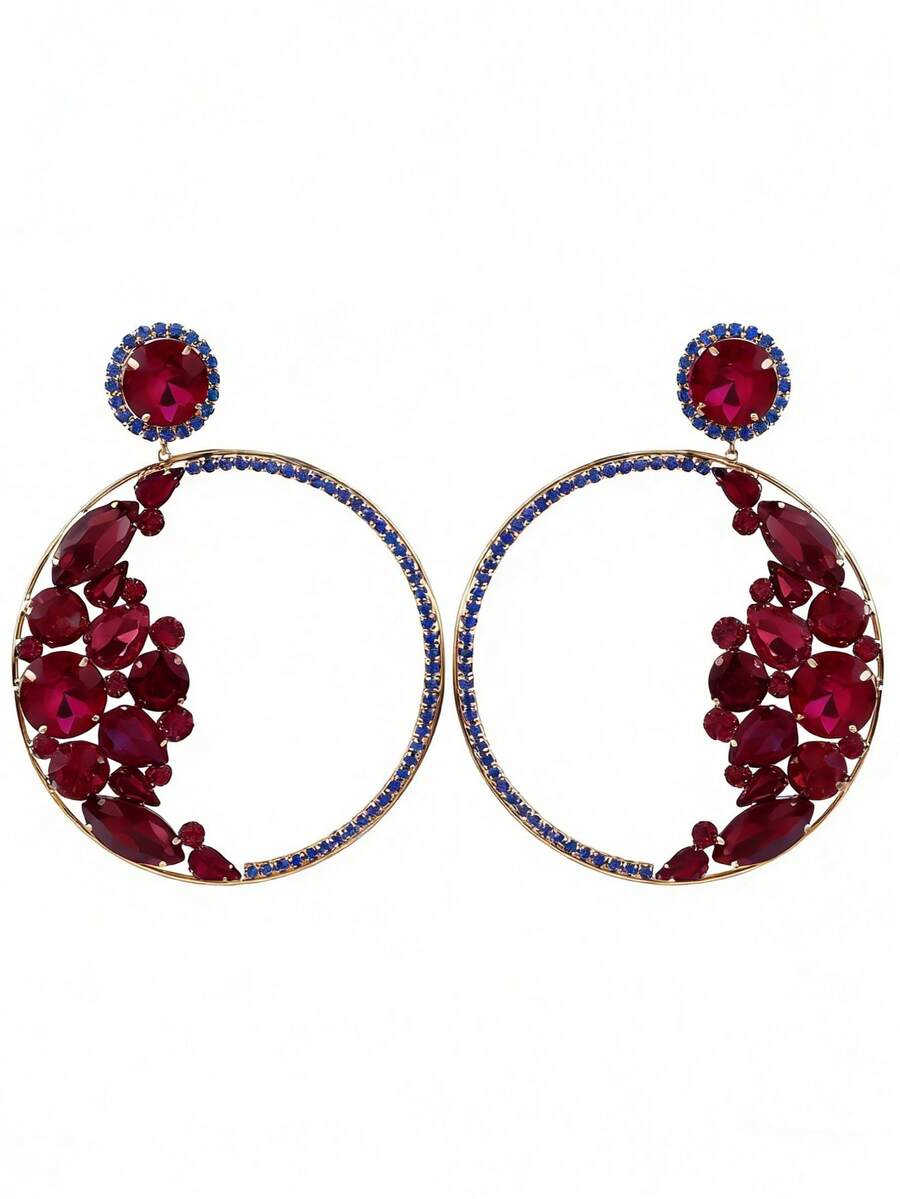 1 Đôi bông tai dáng dài bản lớn bằng hợp kim đồng, hàn thủ công, đính đá lấp lánh, kiểu móc cài, dành cho nữ. - Phong cách - Xem 1