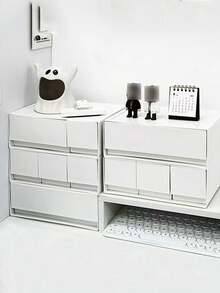 Desk Stationery & Cosmetic Storage Box, White Plastic Drawer Organizer Box, Modular Stackable Makeup Jewelry Box, Stationery Organizer - White - View 1