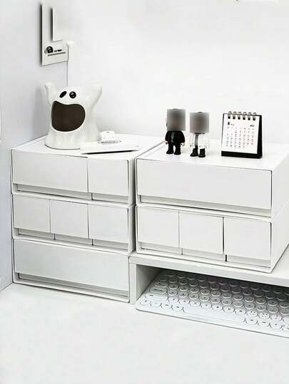 Desk Stationery & Cosmetic Storage Box, White Plastic Drawer Organizer Box, Modular Stackable Makeup Jewelry Box, Stationery Organizer