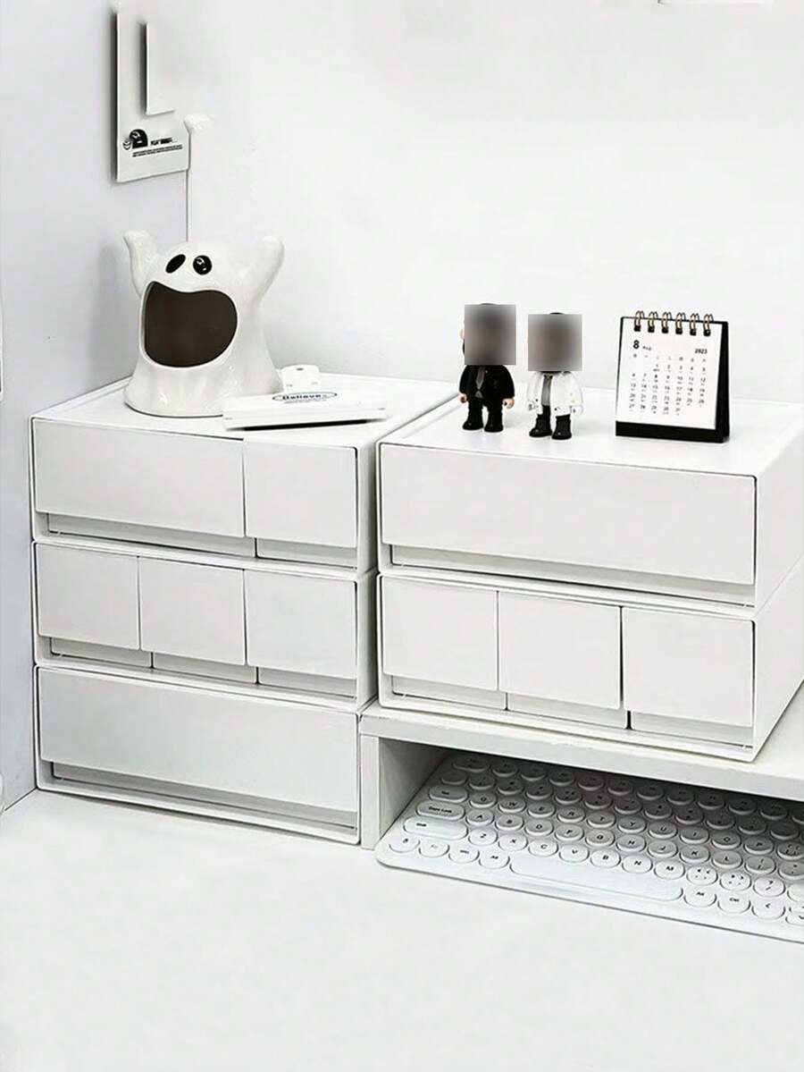 Desk Stationery & Cosmetic Storage Box, White Plastic Drawer Organizer Box, Modular Stackable Makeup Jewelry Box, Stationery Organizer - White - View 1