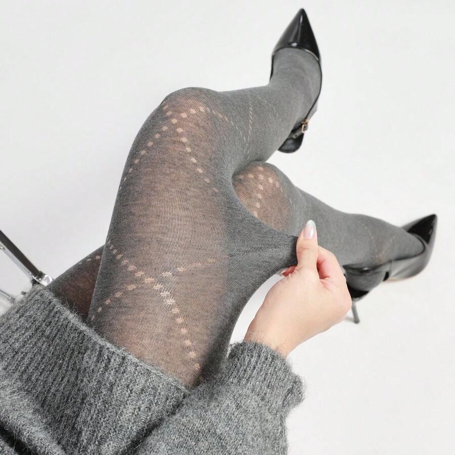 1pc Women's Warm Stockings Casual Versatile Grey Leggings, Japanese JK Diamond Mesh Stockings Thick Leggings For Autumn And Winter - Grey - View 1