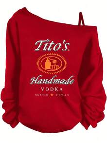 Valentine's Day Oversized Off-The-Shoulder Sweatshirt With Tito's Handmade Vodka Logo,  Graphic Top For Date Night, Casual Style - 紅色 - 查看 7
