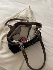 1pc Vintage Large Capacity Tote Bag, Commuter Oversized Underarm Bag, Fashionable Motorcycle Handbag, Suede & PU Patchwork Tote Bag With Strap Decor, Zipper Closure, Women's Shoulder Bag For Work, School, Travel, Shopping, Business, Suitable For Daily Use - Black - View 4