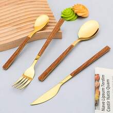 8pcs/2sets Stainless Steel Cutlery Set, Faux Wood Handle Utensils Set, Retro Flatware Set, Korean Style, Mirror Polished, Suitable For Home Daily Use, Festivals, Kitchen, Dining Room, Wedding, Banquet - Multicolor - View 2