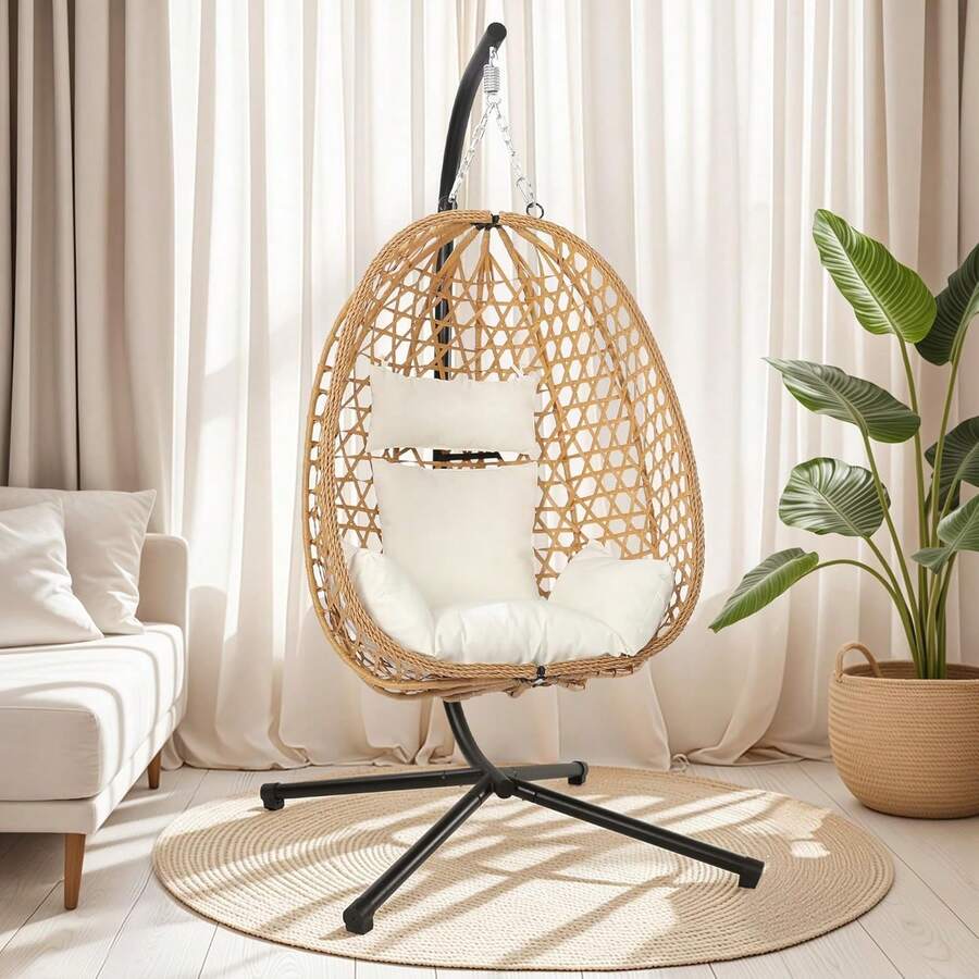 Egg Chair With Stand, Patio Wicker Hanging Chair, Hammock Swing Chair, 350LBS Capacity For Bedroom, Balcony, Garden - Vàng be - Xem 1