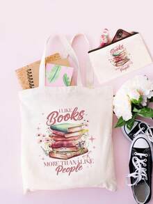 1/2pcs Set Large Capacity Beige Canvas Floral & Book Themed Printed Tote Bag And Zipper Storage Bag Set, Fashionable Floral & Book Themed Shoulder Bag, Shoulder Bag, Multifunctional Portable Travel Storage Makeup Set, Suitable For Back To School, Graduation, Travel, Birthday, Anniversary, Teacher's Day, Thank You Gifts, Essential For Students And Teachers, Great For Travel