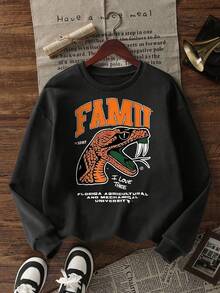 FAMU Florida A&M University Sweatshirt - Black Crew Neck With Orange Rattlesnake Graphic & 'I Love Them' Text, Casual College Spirit Pullover For Fans, Perfect Gift For FAMU Students & Alumni-Women's Crew Neck Sweatshirt Casual Loose Long Sleeve Pullover-Women's Crew Neck Sweatshirt Casual Loose Long Sleeve Pullover - 黑色 - 查看 1