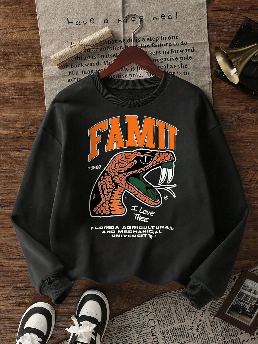 FAMU Florida A&M University Sweatshirt - Black Crew Neck With Orange Rattlesnake Graphic & 'I Love Them' Text, Casual College Spirit Pullover For Fans, Perfect Gift For FAMU Students & Alumni-Women's Crew Neck Sweatshirt Casual Loose Long Sleeve Pullover-Women's Crew Neck Sweatshirt Casual Loose Long Sleeve Pullover - 黑色 - 查看 1