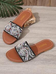Women's Flat Sandals, Vacation Style Black Faux Pearl Fashion Minimalist Rhinestone Slippers, Beach 2026 Spring/Summer - Black - View 6