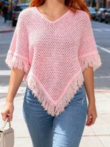 Women Knit Cover-Up, See-Through Tassels Irregular Loose Pullover Summer Beach Tops - White - View 7
