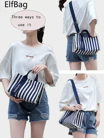 Fashionable Japanese-Style Striped Versatile Handbag, Distinctive And Practical Lunch Bag, Canvas Fashion Adjustable Shoulder Crossbody Bag, Daily Commute Small Square Bag, Suitable For Daily Commute, Work, Shopping, And Travel