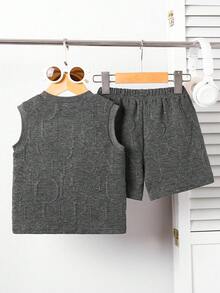 Bộ 2 món trang phục thường ngày cho bé trai, gồm áo thun họa tiết mềm mại, thoáng khí và quần short, thích hợp cho mùa hè - Xám - Xem 3