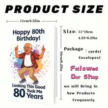 1张精美男士80岁生日贺卡 - “80岁，风采依旧，精神抖擞”设计，充满活力的长者艺术风格和醒目的字体，轻松愉悦的80岁生日祝福，适合家庭聚会，里程碑贺卡|80岁生日贺卡|纸质贺卡，里程碑纪念用品 - 彩色 - 查看 4