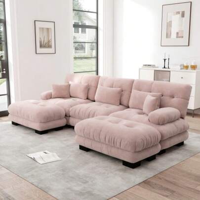 Luxuriöses Modulares Ecksofa - Übergroßes U-Formiges Cloud Couch Für Wohnzimmer, Tiefensitz Verwandelbares Schlafsofa Mit Ottoman, Chenille Rosa