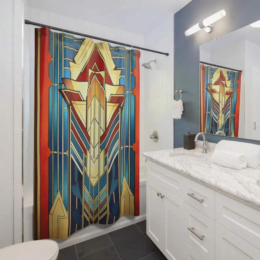 Shower Curtain | Frank Lloyd Wright Inspired Bathroom Accessories | Mid Century Modern Decor Home Decor | Bathroom Curtain | USA Made 52-275Polyester Fabric, Contains Plastic Hooks ,Housewarming Gift, Couple Gifts, Mother's Day Gifts - 彩色 - 查看 1