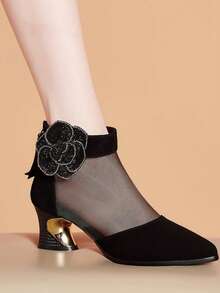 Sepatu Hak Tinggi Wanita, Sepatu Slip-On Bernapas dengan Motif Jala dan Patchwork, Sepatu Formal Hak Tebal dengan Hiasan Rhinestone, Musim Semi/Panas - Hitam - View 5