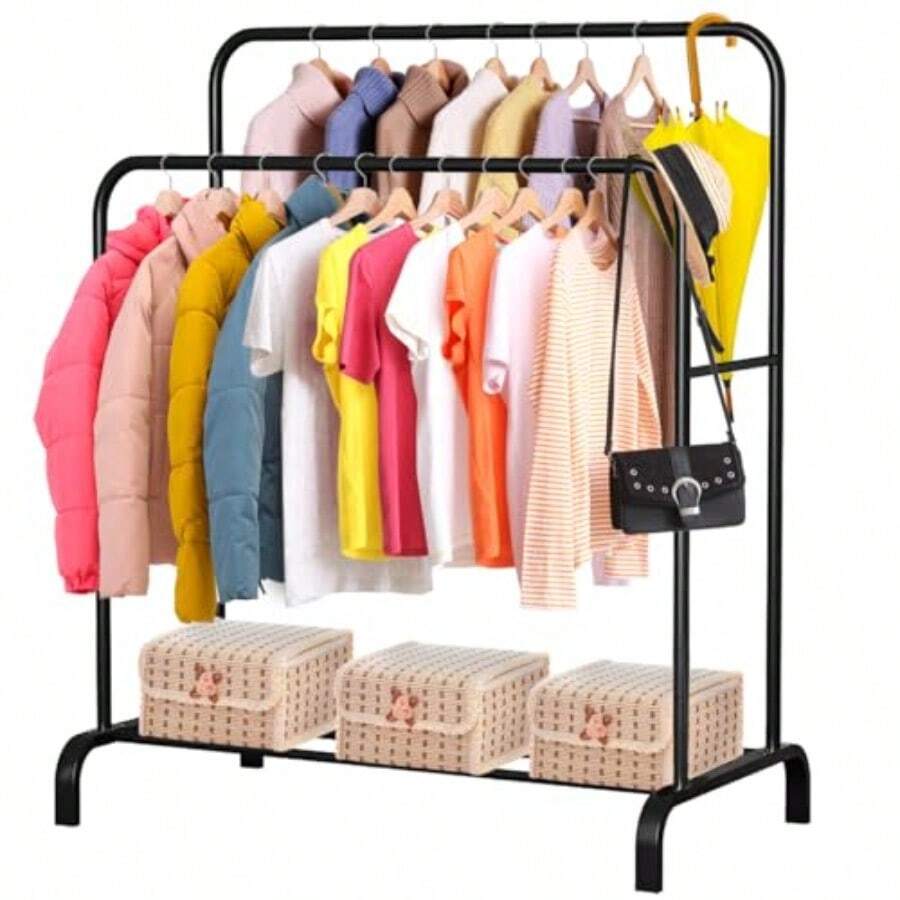 CYSELECTSHOP Perchero Organizador Rack Doble Armario Para Ropa Closet Doble Poste Perchero De Piso Closet Para Colgar Sombreros Bolsos Zapatos Cajas de Almacenamiento Estante De Ropa 158 Cm Negra - Negro - Ver 1