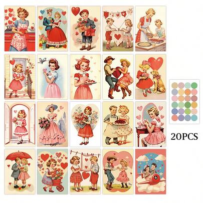 Bộ 20 bưu thiếp Valentine cổ điển (phong cách thập niên 1950), thiệp chúc mừng lãng mạn kiểu retro, quà tặng cho cặp đôi, trang trí phòng ngủ, ký túc xá, nhà cửa, bộ ảnh ghép.