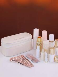 1pc Double Layer Large Capacity PU Cosmetic Bag, Women Travel Makeup Organizer Pouch - Multicolor - View 3