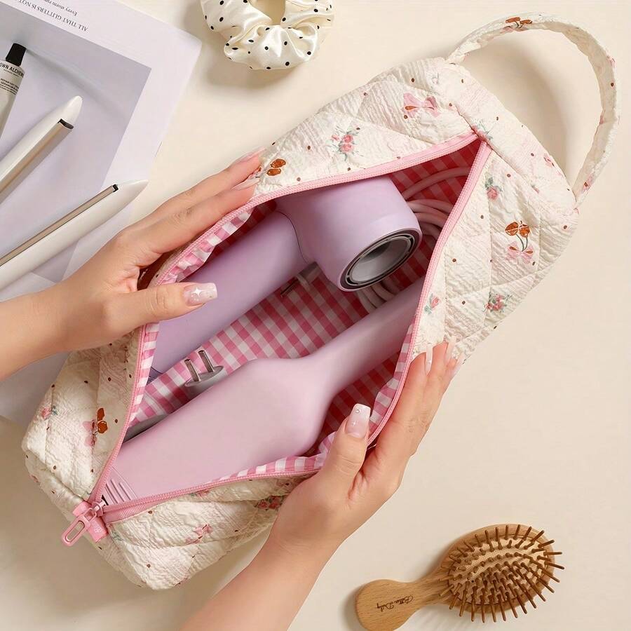 Hair Tool Storage Bag - Dustproof Bag Suitable For Hair Dryers, With Zipper And Bowknot Cherry Decoration For Women And Girls, Pink Bowknot Design, Compatible With Hair Dryers, Curlers, Straighteners, Travel, School, Salon Beauty Product Storage Bag - Ideal Gift For Teenagers, Girls, Nurses, Students - Durable And Portable Design, Curlers And Accessories - Durable Travel Carrying Storage Bag - 領結 - 查看 1