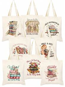 1/2pcs Set Large Capacity Beige Canvas Floral & Book Themed Printed Tote Bag And Zipper Storage Bag Set, Fashionable Floral & Book Themed Shoulder Bag, Shoulder Bag, Multifunctional Portable Travel Storage Makeup Set, Suitable For Back To School, Graduation, Travel, Birthday, Anniversary, Teacher's Day, Thank You Gifts, Essential For Students And Teachers, Great For Travel