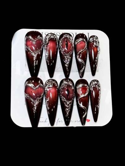 十片装复古红色手工美甲，春季风格按压式假指甲，手工假指甲，高端按压式假指甲，长杏仁形，美甲艺术，情人节礼物，适合女孩和女士参加派对或日常场合佩戴。