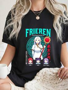 Frieren Beyond Journey's End T-Shirt Frieren's Party Fern Stark Design 100% Cotton Short Sleeve Crew Neck Anime Girl Graphic Tee Manga Lover Gift Otaku Fashion Fantasy Elf Mage M-1 - 黑色1 - 查看 5