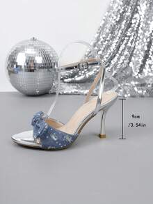 女士时尚粗跟方头性感凉鞋 - 銀色 - 查看 3