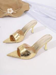Giày sandal cao gót mũi nhọn thời trang nữ, thiết kế tối giản và thanh lịch, phù hợp cho đi làm, dự tiệc, họa tiết da cá sấu, giày cao gót da PU họa tiết động vật sang trọng, gợi cảm cho tiệc tùng, đám cưới, văn phòng, hoạt động ngoài trời, mùa xuân/hè. - Vàng - Xem 2