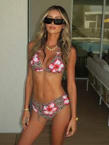 Ladies' Leopard Print Hibiscus Floral Halter Tie-Up Split Bikini, Sexy Vacation Style Two Pieces Swimsuit Set For Women's 2026 Spring Summer, Fashion Swimwear Perfect For Beach, Summer Vacation, Birthday Outfits, Gym Wear, Elegant Dress And Daily Going Out Looks - Multicolor - View 1