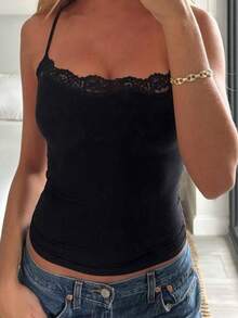 Women's Y2K Summer Lace Trim Cami Tank Tops Solid Color Slim Fit Camisole Spaghetti Strap Sleeveless Crop Tops Streetwear - màu đen - Xem 4