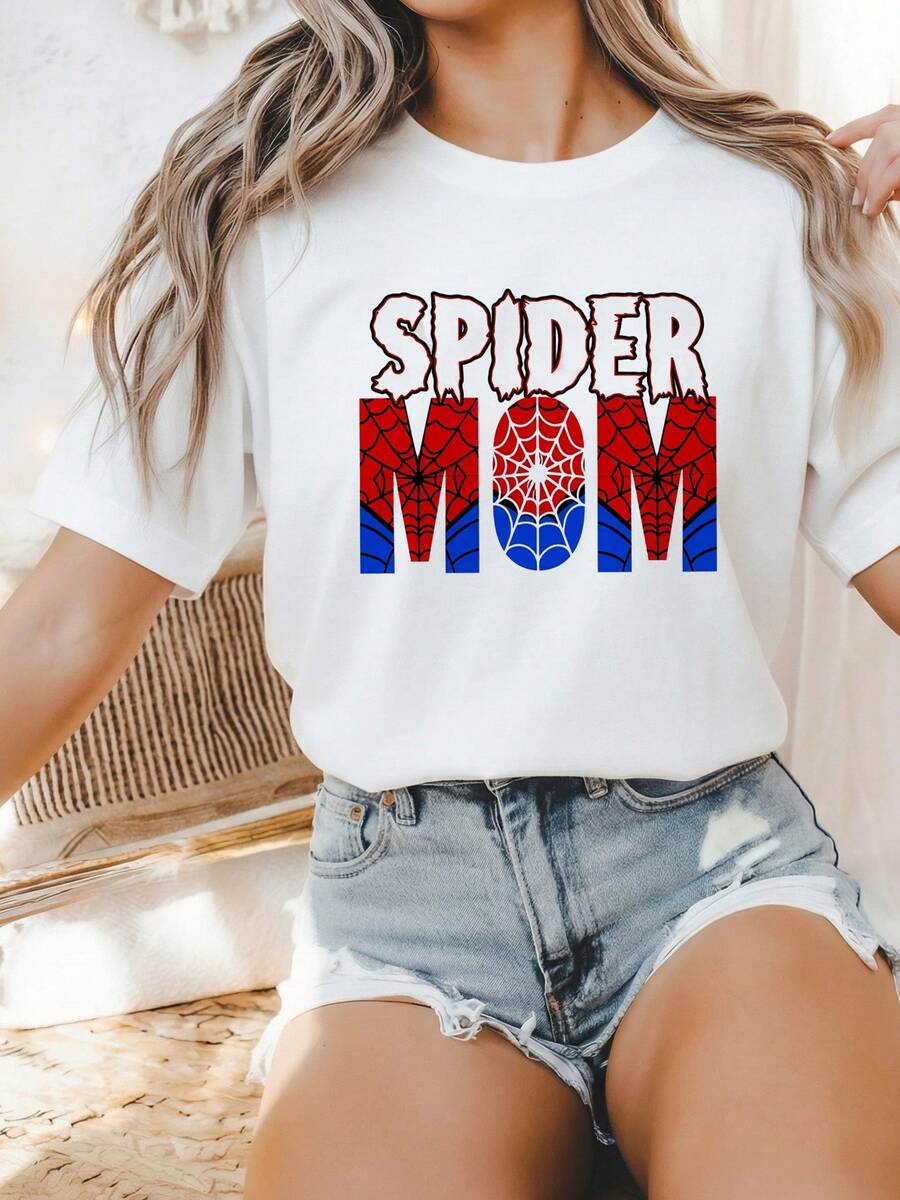 Spider Web Mom T-Shirt 100% Cotton Short Sleeve Crew Neck Mothers Day Birthday Gift For Women Superhero Graphic Tee Funny Mommy Spidey Design Novelty Soft Breathable Casual Summe-4 - 白色3 - 查看 1