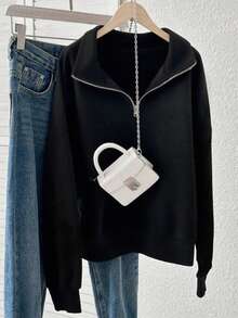 Women's Solid Color Drop Shoulder Long Sleeve Zip-Up Half Placket Casual Hoodie,Summer/Spring - 黑色 - 查看 3