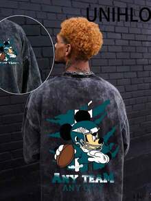Disney UNIHLO Rugby League   Printed Summer Heavyweight Retro Washed Street Fashion Casual T-Shirt - 黑色 - 查看 1