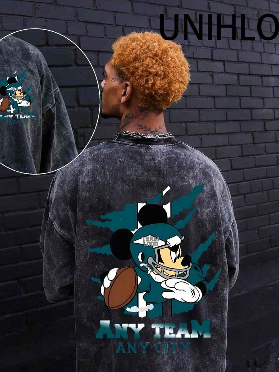 Disney UNIHLO Rugby League   Printed Summer Heavyweight Retro Washed Street Fashion Casual T-Shirt - 黑色 - 查看 1