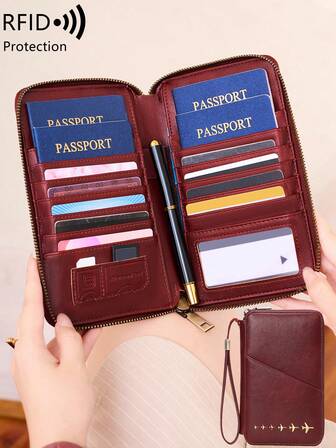 MIYIN 1 pieza Pasaporte con patrón de avión creativo y bolsa con cremallera que bloquea RFID, usado para tarjetas de crédito/identificación/dinero/efectivo/pasaportes/vuelos/tarjetas bancarias. Cartera de pasaporte de viaje multifuncional con cremallera, adecuada para hombres y mujeres, esencial para el viaje. Cartera de viaje ligera y portátil.