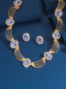 3件套不规则设计新娘女士时尚水晶项链套装，性感珠宝套装，适合婚礼、送礼、派对。