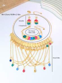 Bộ 4 món trang sức thời trang cá nhân hóa hình giọt nước, tua rua, đính đồng xu, gồm dây chuyền, bông tai và vòng tay, thanh lịch cho các bữa tiệc và đi làm. - L - Xem 7