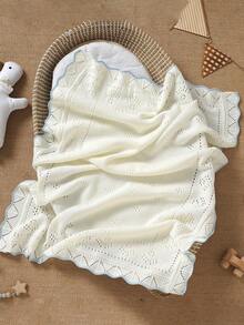 1pc Knitted Baby Blanket With Perforated Texture + Contrasting Wavy Trim, Gentle Children Blanket For All Seasons - 白色 - 查看 8