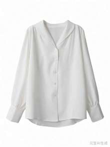 Plain Color Lapel Front Button Office Casual Elegant Long Sleeve Shirt White Spring - White - View 5