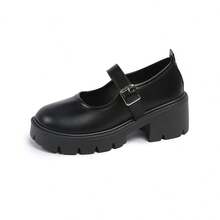 2025春季新款英伦风系带厚底中跟软皮舒适百搭女鞋 - 黑色 - 查看 6