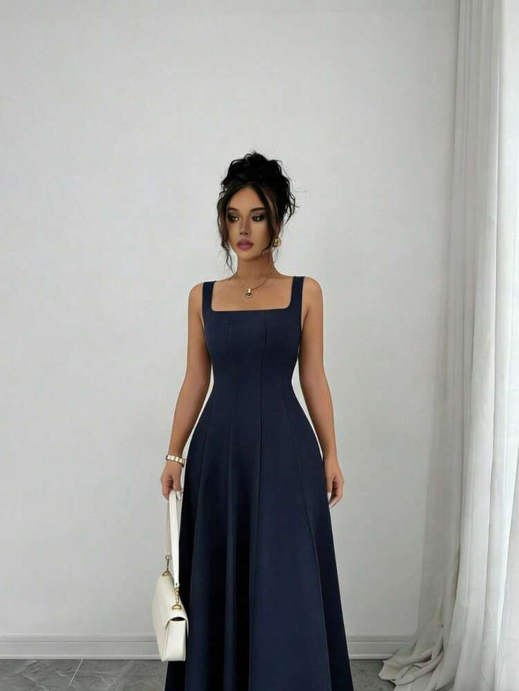 Einfarbiges, elegantes, lässiges Rückenfreies Reißverschluss-Kleid, geeignet für Hochzeiten, formelle Abendpartys im Sommer - marineblau - Übersicht 6