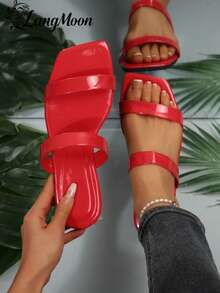 2026 neue Mode Damen Pantoffeln, mit glänzender/metallischer Textur Obermaterial in minimalistischem Design, schaffen auffallende flache und bequeme Silhouette, personalisierte Farben kombinieren modischen Chic-Stil, bequem und vielseitig für den täglichen Gebrauch, geeignet für Urlaub, Partys, Neujahrsfeiern, Dates und verschiedene Anlässe, ideal für Neujahrsfeiern und Feierlichkeiten - Rot – Doppelband - Übersicht 2