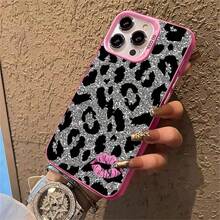 1pcs Glitter Leopard Print With Pink Kiss Phone Case Compatible With Apple Phone 17ProMax 16 15 14 13 12 11ProMax Pro Xs Max XS X 7plus 8plus Silicone Shock Proof Vintage Funky Fashion Stunning Can Be Given To Friends Can Be Given To A Lover - Hồng - Xem 6