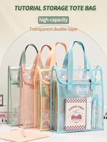1pc A4 Size Student Transparent Waterproof Multi-Function Dual Layer Portable File Folder Tote Bag, Spacious Capacity & Simple Design For Daily Use, Suitable For Students, Office And Business,Back To School,School Supplies - Transparent Storage Bag - View 10